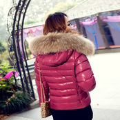 short pink down jacket with fur collar
