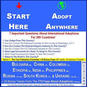 Start Here, Adopt Anywhere! 7 Important Questions About International Adoptions for 209 Countries. Album 1, Top 9 Adoption Countries + 25 Bonus Faqs: Bulgaria, China, Colombia, Ethiopia, India, Philippines, Russia, S. Korea & Ukraine. 101 Mp3s, 9 Hrs.
