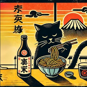 Black Cat Enjoying Noodles