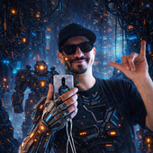 michaal w formie z bionicznym ramieniem w cyberpunkowym anturażu4.png