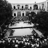 Stockhausen (front centre) at the mixing desk for a performance by Alfons and Aloys Kontarsky of Mantra, Shiraz Arts Festival, Iran, 2 September 1972