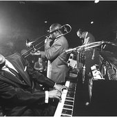 Earl Hines with James H. 'Jimmy' Archey, Francis Joseph 'Muggsy' Spanier and Earl Watkins in 1958. (photo by Dennis Stock)