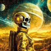 Firefly Motyw pustkowia obcej planety, motyw samotnego astronauty z czaszką zamiast głowy, stojącego (5).jpg