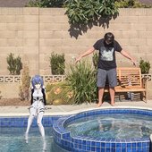 at the pool with wife