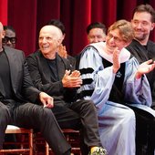 Jimmy Iovine, Dr. Dre, Alexis Ohanian, and Dr. Thanassis Rikakis cheer on graduating students at the 2024 USC Iovine and Young Academy commencement ceremony