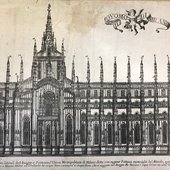 Side view of Milan cathedral (Duomo), with an inscription: “'Vero disegno delle parti laterali dell'insigne e sontuosissima chiesa metropolitana di Milano...” Agnelli, 17th century