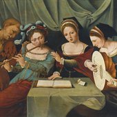 Three young women making music, with a jester (about 1580)