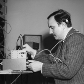 Alvin Lucier rehearsing \"Music for Solo Performer\" (1965) at Brandeis University, Waltham, MA, March 6, 1967