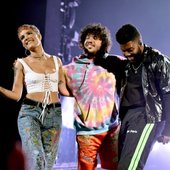 Halsey, Benny Blanco & Khalid onstage at the AMAs