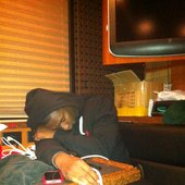 Juice McCain asleep on the tour bus #redalbumtour