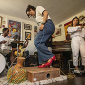 Martha Gonzalez taps out rhythms on the tarima, a small wooden platform that doubles as a percussion instrument in the son jarocho fandango tradition of Mexico’s Veracruz state. (Mel Melcon / Los Angeles Times)