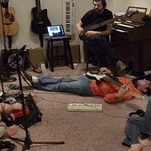 Recording Bass Duel \"Take Up Yer Cudgels\" (left to right: Timbill, Dexter, Curtis, Melissa)