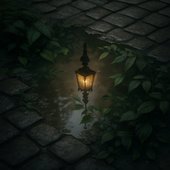 evening lights on cobblestone