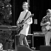 Stereolab performing at Battery Park on June 3, 2000. Morgane Lhote, Mary Hansen and Tim Gane