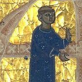 In his picture he is portrayed tonsured, as a monk.