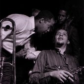 [Left to right] Grachan Moncur III (in front of producer Alfred Lion), Jackie McLean, and Duke Pearson (present, did not play) at Moncur’s Evolution session, Englewood Cliffs NJ, November 21 1963 