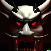 DALL·E 2022-07-29 10.17.51 - A 3D render of a Kabuki mask with long fangs and two horns in a dark room.png