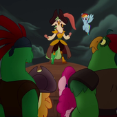 Captain Celaeno (Zoe Saldana), Rainbow Dash, Applejack, Pinkie Pie, Fluttershy, Rarity, Spike, Boyle, First Mate Mullet, Lix Spittle