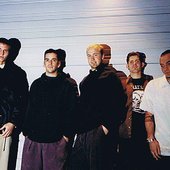 PT, Mike, Jason, Evan and Colin . Costa Mesa CA behind New Age Records warehouse. 1996